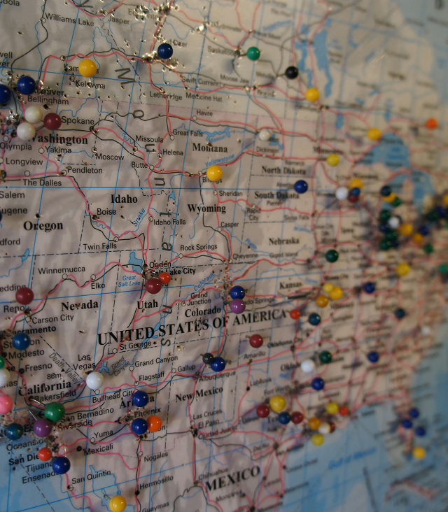 Map of the United States with location pins marking states AA Direct serves